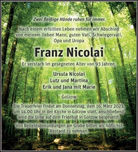 Traueranzeigen von Franz Nicolai Märkische Onlinezeitung Trauerportal