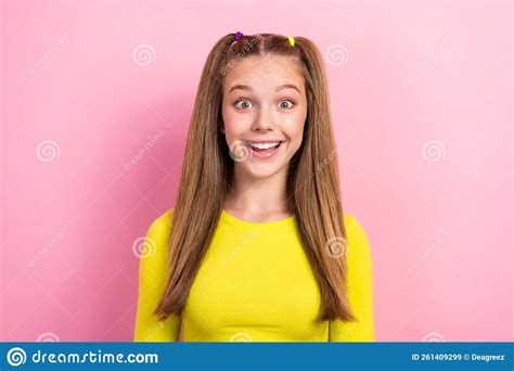 Portrait Of Impressed Cute Optimistic Girl With Straight Hairdo Wear