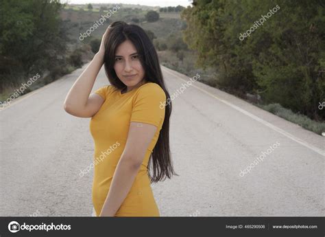 Sexy Latina Female Wearing Tight Yellow Dress Posing Road Stock Photo Wirestock 465290506