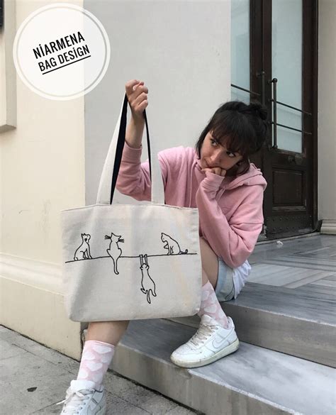 Tote Bag Alley Cats Shoulder Bag Minimalist Line Drawing Etsy