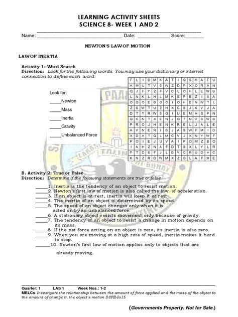Learning Activity Sheets Science 8-Week 1 and 2 | PDF | Force | Inertia