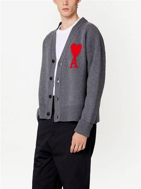 Ami Paris Logo Intarsia Wool Cardigan Grey Farfetch Uk