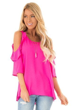 Hot Pink Cold Shoulder 3 4 Sleeve Top With Ruffle Details Tops