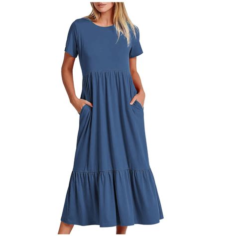 Pxevl Womens 2024 Casual Summer Dresses Loose Crewneck Short Sleeve Long Maxi Dresses Tiered