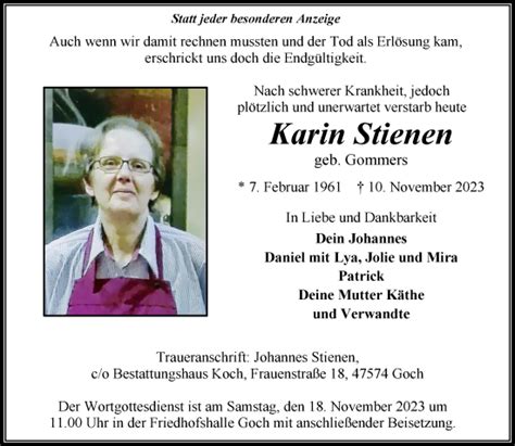 Traueranzeigen Von Karin Stienen Niederrhein Nachrichten Trauerportal