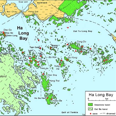 A simplified map of Ha Long Bay, showing the larger islands and the ...