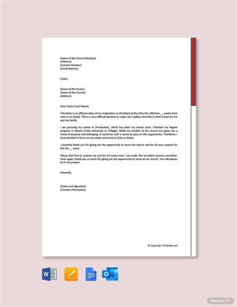 Church Resignation Letter in Google Docs, Word, Pages, Outlook, PDF ...