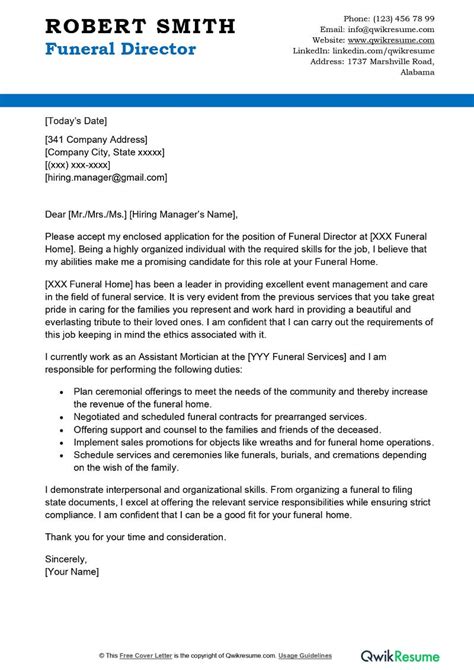 Funeral Director Cover Letter Examples Qwikresume