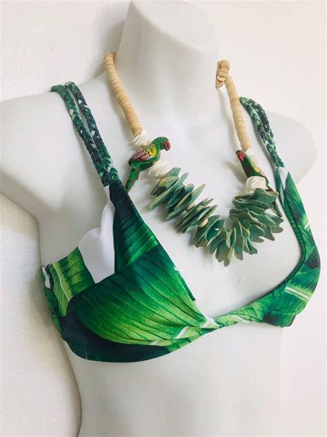 Palm Leaf Print Twist Front Tropical Bikini Top M Gem