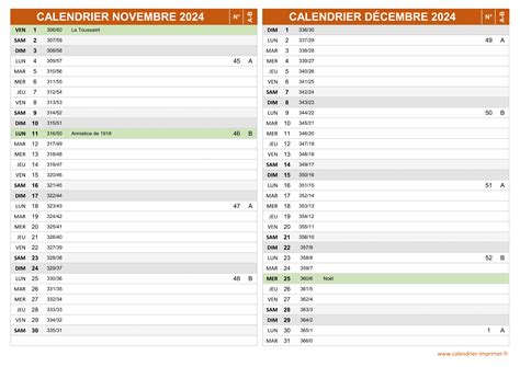 Calendrier Novembre et Décembre 2024 à imprimer