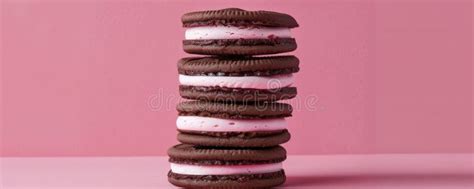 Stack Of Chocolate Sandwich Cookies With Pink Filling On A Pink