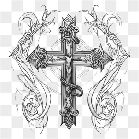 Download Religious Cross Drawing with Swirls and Vines Sketches Online - Creative Fabrica