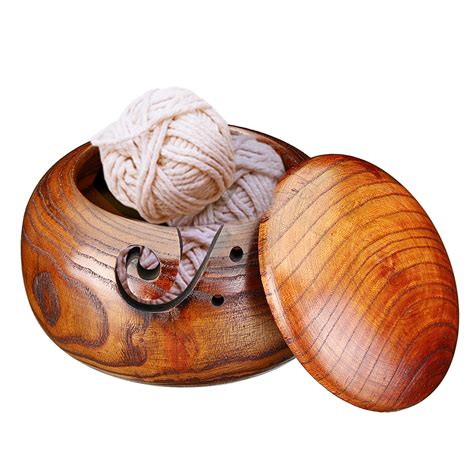 Bamboo Yarn Bowl Holder With Lid Wooden Skeins Knitting Crochet Thread