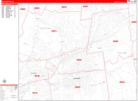 Manchester Connecticut Zip Code Wall Map Red Line Style By Marketmaps