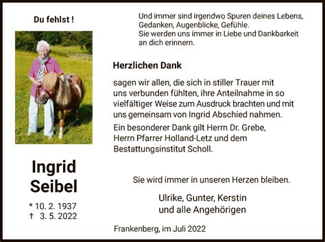 Traueranzeigen Von Ingrid Seibel Trauer Hna De