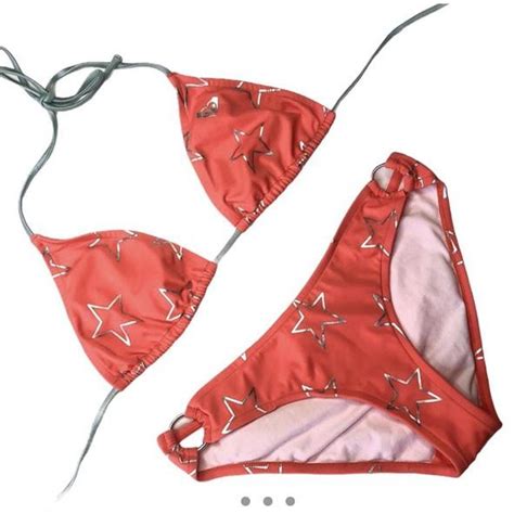 Coral Orange Y2K Roxy Bikini Silver Star Pattern Depop
