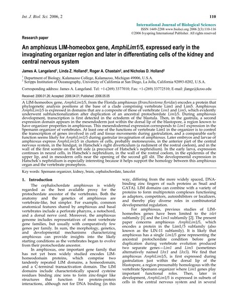 Pdf An Amphioxus Lim Homeobox Gene Amphilim15 Expressed Early In The Invaginating Organizer