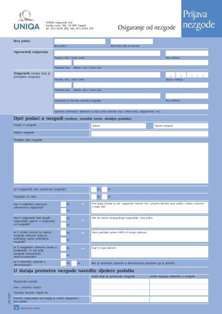 Obrazac Prijave Nezgode Uniqa Osiguranje D D