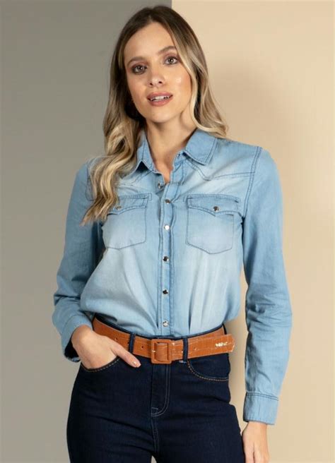 Camisa Jeans Claro Bolsos Frontais Quintess