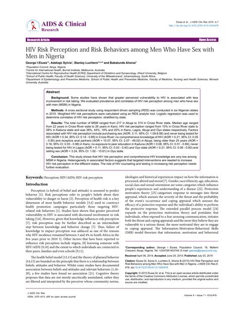 PDF HIV Risk Perception And Risk Behaviors Among Men Who Have Sex With Men In Nigeria