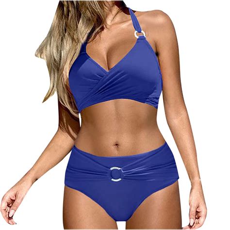 Amidoa Push Up Swimsuits For Women High Waist Wrap O Ring Halter Bikini