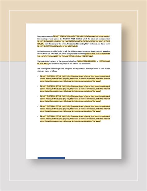Waiver Of The Right Of First Refusal Template In Google Docs Pages