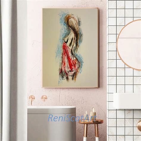 Woman Art Large Charcoal Art Sensual Female Figure Nude Black White Red Blue Art 27 5x20 Inches