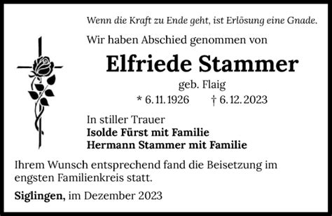 Traueranzeigen Von Elfriede Stammer Trauerundgedenken De