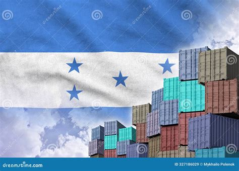 Honduras Flag and Big Stack of Shipping Cargo Containers in Docks with