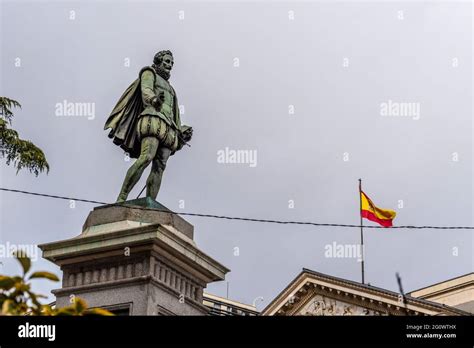 Madrid Spain January 31 2021 Statue Of Miguel De Cervantes In