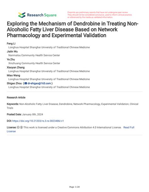 Pdf Exploring The Mechanism Of Dendrobine In Treating Non Alcoholic