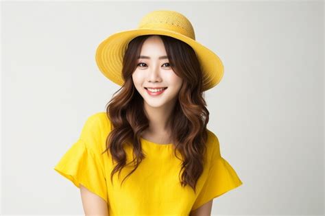 Premium Ai Image Asian Woman Wearing Yellow Dress With Hat On White