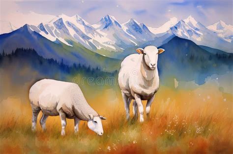 Sheep Grazing Watercolor Stock Illustrations Sheep Grazing