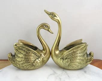 Vintage Brass Swan Planter Basket Aged Etsy