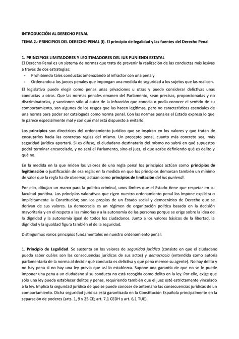 Tema 2 Derecho Penal IntroducciÓn Al Derecho Penal Tema 2 Principios Del Derecho Penal I