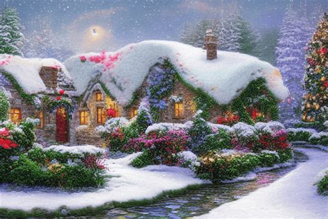 Cosy Christmas Cottage Garden with Thomas Kinkade Style · Creative Fabrica