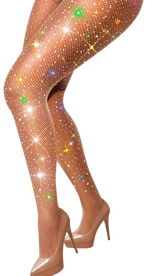 VEBZIN Extra Sparkly Nude Holographic Rhinestone Fishnet Stockings Sparkle Fishnets Tights