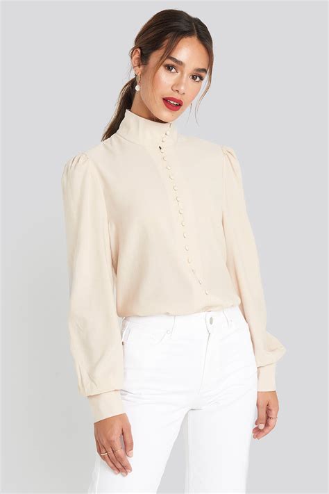 High Neck Button Blouse Beige Na