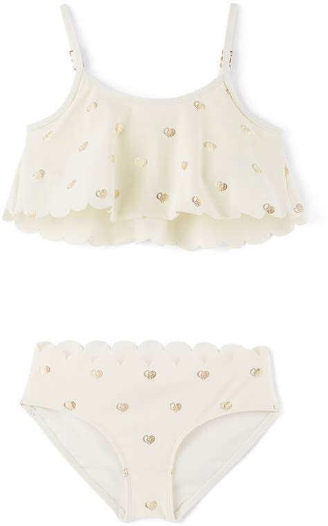 Chloé Kids Off White Gold Heart Scalloped Bikini Set Chloe