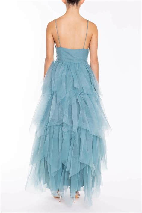 True Decadence Saige Mineral Blue V Neck Tiered Tulle Maxi Dress