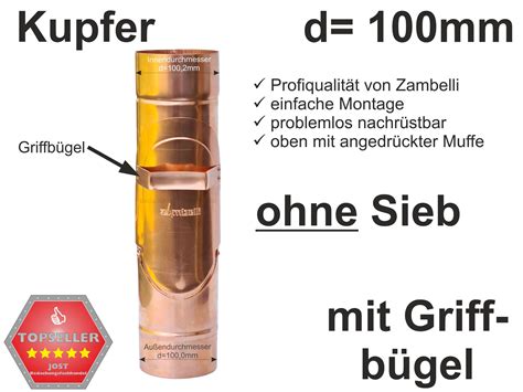 Kupfer Fallrohr Regenrohrklappe ohne Sieb d 100mm mit Griffbügel