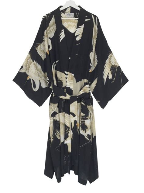 One Hundred Stars Oriental Stork Black Long Luxe Crepe Kimono Maison