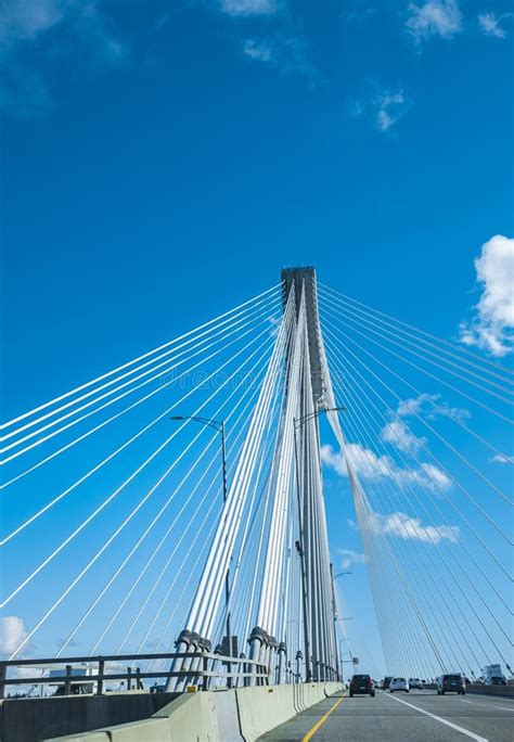 Modern Bridge Pylon Against A Blue Sky Detail Of A Multi Span Cable