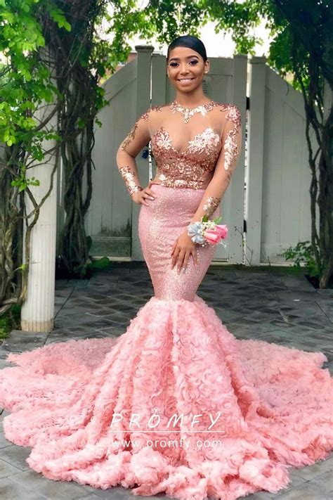 Rose Gold Sequin And Pink 3d Rosettes Prom Dress Promfy