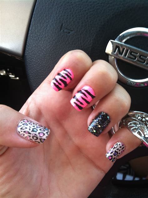 Neon Pink And Black Leopard Spot And Tiger Stripe Nails Tiger