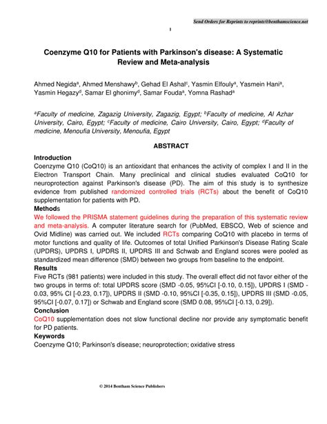 Pdf Coenzyme Q10 For Patients With Parkinsons Disease A Systematic