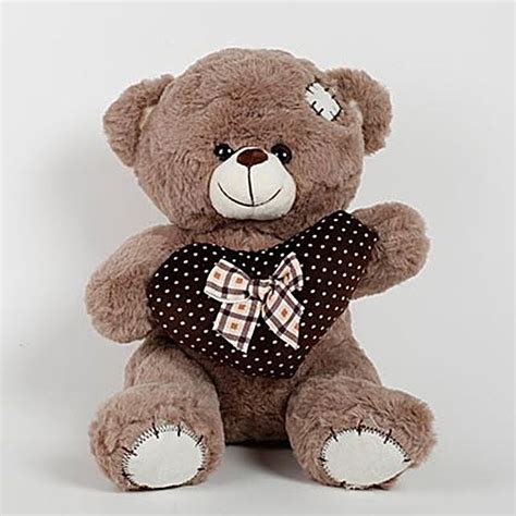 Small Teddy Bear With Heart & Patch Brown | Gift Teddy with heart shaped - Ferns N Petals