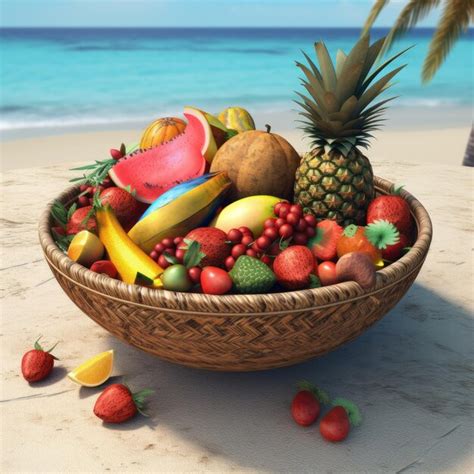 Fondo de playa tropical con palmeras y frutas exóticas Foto Premium