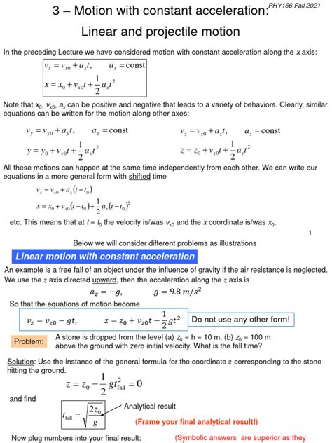 Phy166 03 Motion With Constant Acceleration Pdf Motion Physics