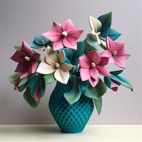 Premium Photo Trillium Arrangement 3d Printed Vase With Teal And Pink Flowers